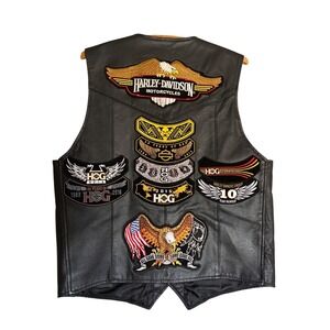 Leather Gallery Mens M Black Leather Biker Vest Harley Davidson HOG Patches MOTO